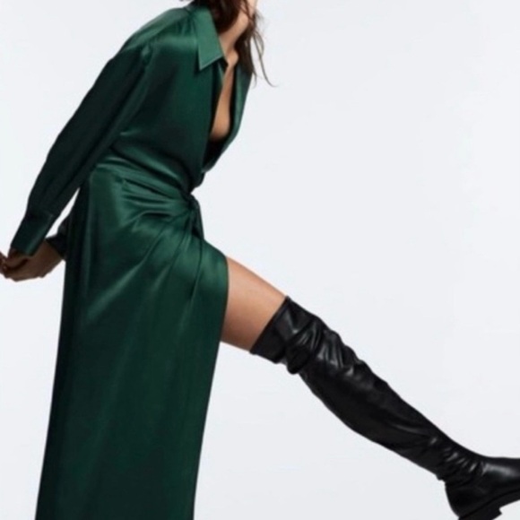 ZARA Limited Edition Green Long Sleeves Maxi Wrap Around Medium Cocktail Dress - Picture 12 of 13